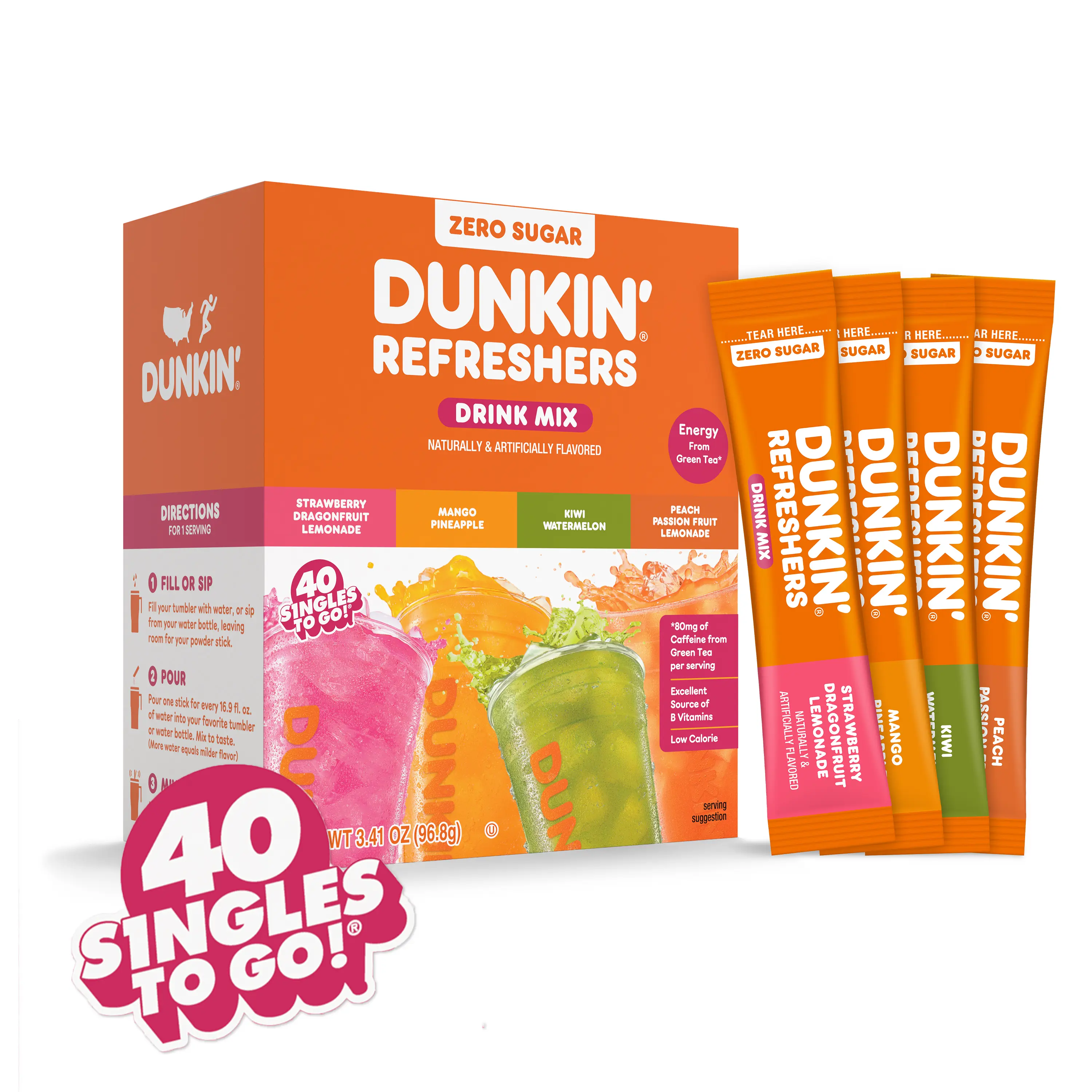 Dunkin' Refreshers 40ct Zero Sugar Singles To Go! Drink Mix Packets - No artificial dyes, Aspartame-Free, Energy From Green Tea