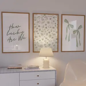 How Lucky Are We Print, Green Floral Bow Wall Art Set of 3,Aesthetic Trendy Coastal Dorm College Apartment Chinoiserie