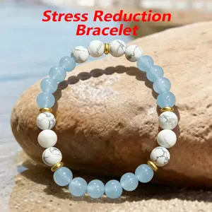 Independence Day Sale Argentina football fans bracelet Aquamarine and Howlite Crystal Beaded Bracelet with 14K Gold Spacers, Natural Healing Stone Stretch Bracelet for Women and men