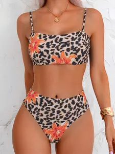 Women's Leopard Print Flower Bikini Set, Fashionable and Sexy, Beach Vacation Essential, Summer Swimwear, Casual Swimsuit, Floral Print Bikini, Beach Ready, Leopard Pattern
