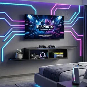 HOMBCK Floating TV Stand Wall Mounted, Modern Entertainment Center With Storage Shelves, Gaming TV Cabinet For Living Room Bedroom, Fit 55 60 65 Inch TV, Multi-color/Blue LED Light Strip/No Light Strip, Walnut/Grey/Black/ Dark Brown
