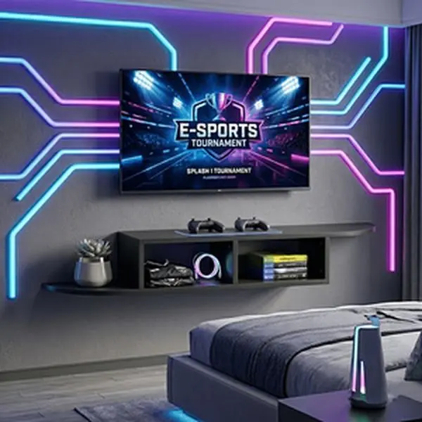 [SummerWins] HOMBCK Floating TV Stand Wall Mounted, Modern Entertainment Center With Storage Shelves, Gaming TV Cabinet For Living Room Bedroom, Fit 55 60 65 Inch TV, Multi-color/Blue LED Light Strip/No Light Strip, Walnut/Grey/Black/Dark Brown