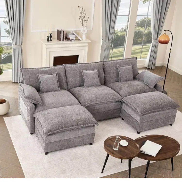 108" U Shaped Couch, Modular Sectional Sofa, 3-Seater Comfy Cloud Couch with Movable Ottoman, Deep Seat Couches for Living Room, Chenille, Slate