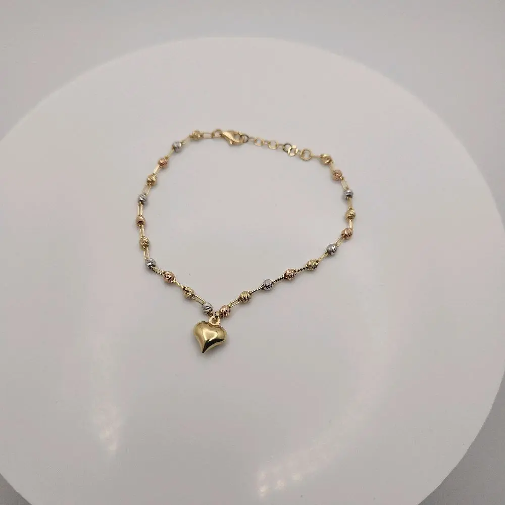 Gold Bracelet Heart 14k 3tone Beads with Heart Charm Italy Gold