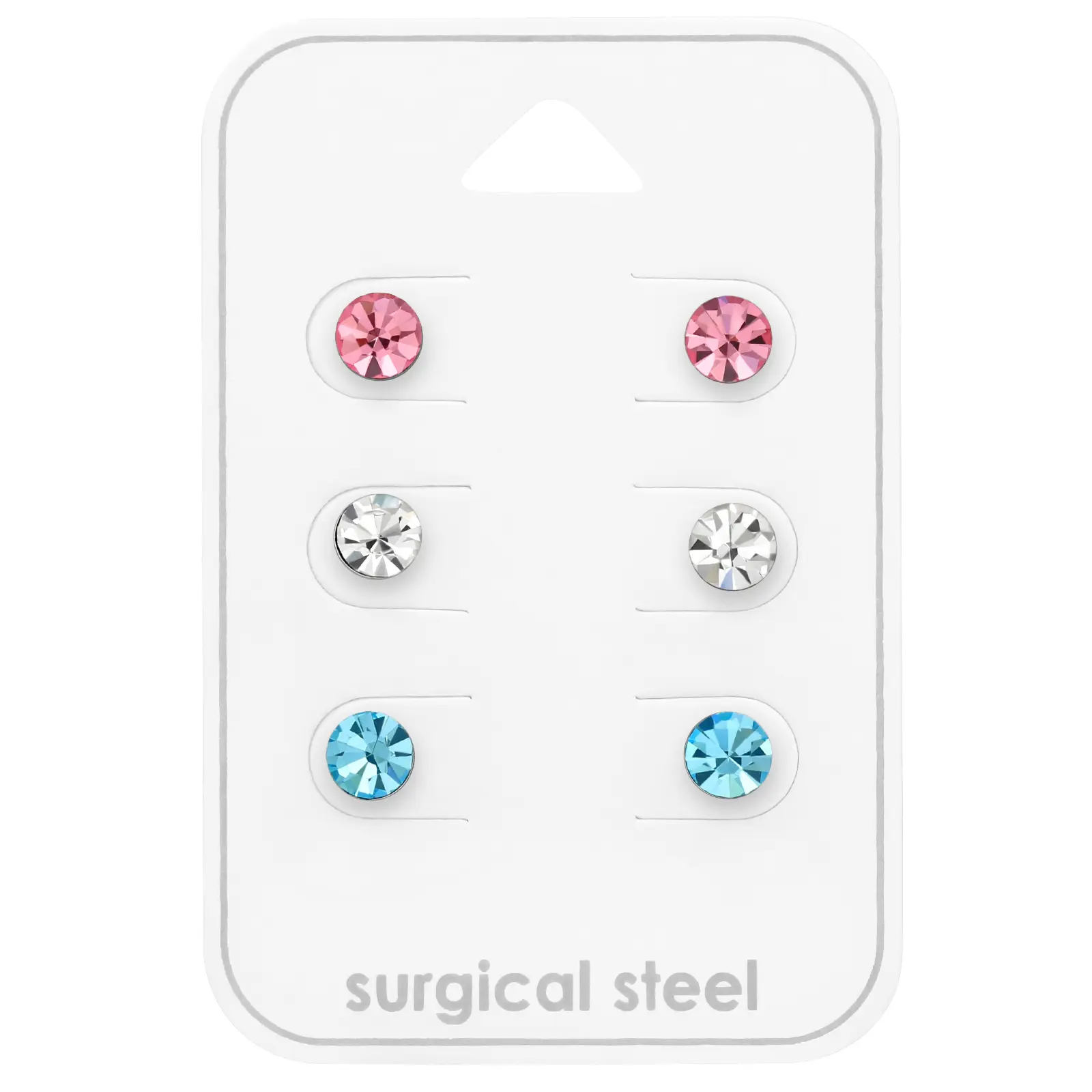 Round Stainless Steel Ear Studs Set on Card Hypoallergenic Women's Jewelry 5mm Surgical Grade Steel Pink Clear Blue
