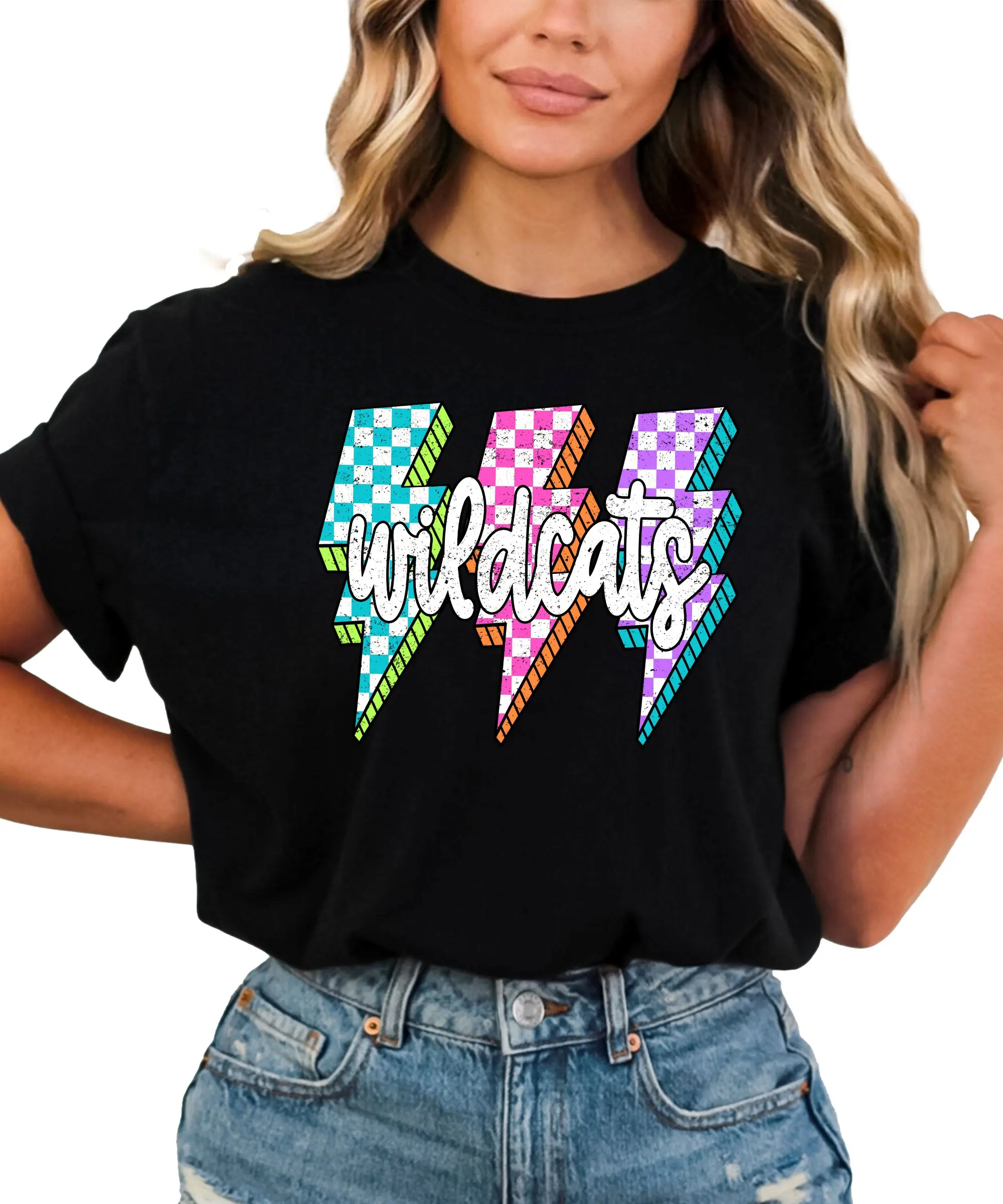 Wildcats Lightning Bolt Shirt for Women - School Spirit Checkered Graphic Tee - Trendy Game Day Outfit for Students, Teachers, Fans