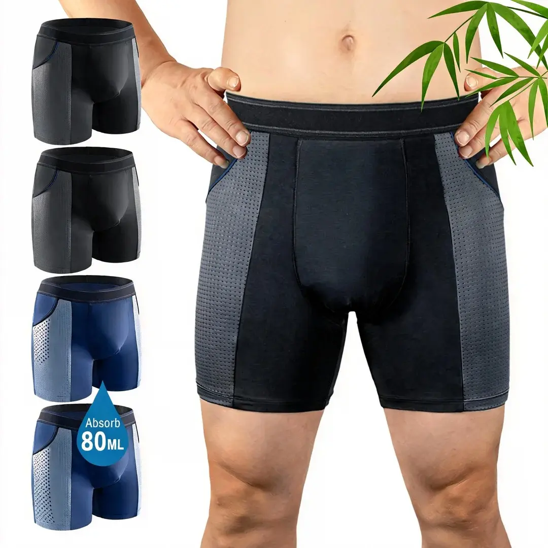 CARER Men's 4-Pack Mid-Waist Activewear Protective Incontinence Briefs, FDA-Certified Washable Reusable, 80ml Absorption, 95% Rayon 5% Spandex, Dry Fit, Leak-Proof Breathable Layer, Odor Control Bladder Protection for Office, Surgery Recovery