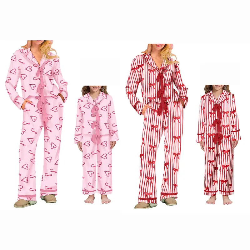 Mommy and Me Matching Loose  Pajamas Bow/Heart Print Tie Front Long Sleeve Tops and Long Pants Set Holiday Family Matching Homewear Sleepwear