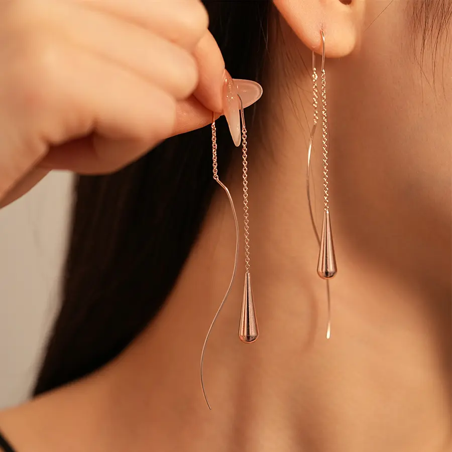 Women's European Metal Texture Water Drop Long Tassel Threader Earrings - Daily Elegance, Minimal Chic Fashion Dangling Earrings with Feminine Aesthetic