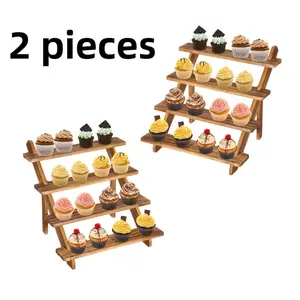 2PCS Wooden Cupcake Stand - 4 Tier Cupcake Display Stand, Rustic Tiered Display Stand, Tool Free Installation Cupcake Stand for Baby Shower Decorations Birthday Party Supplies (Pine Wood)