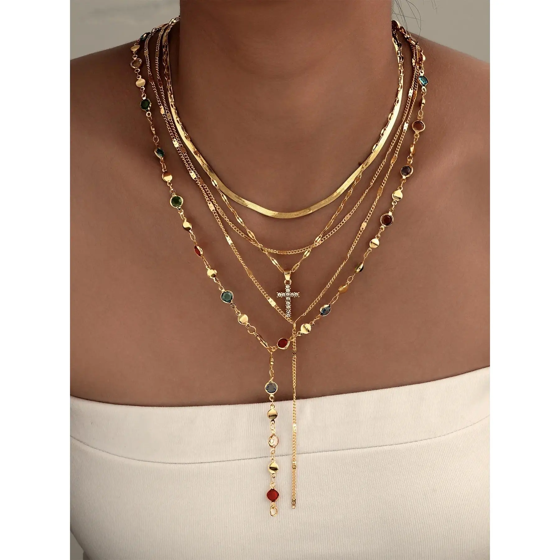 Women's 5-Piece Layered Necklace Set, Dainty Zinc Alloy Jewelry Stack with Rhinestone Cross & Y-Chain for Daily or Evening Wear, Chain Jewelry Necklaces, Party Gifts, Y-Shaped, No, Necklace Stack, Layered Cross Necklaces