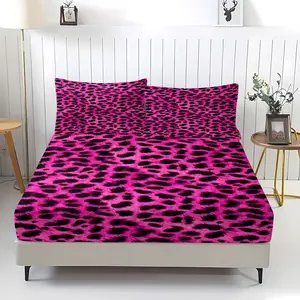 3 Pcs Rose Pink-Black Dense Leopard Print Fitted Sheet Set, Decorative Bedsheet Sets, 1 Fitted Sheet & 2 Pillowcases (no filler), Fits Home Decor, Ideal for Fans/Students/Couples