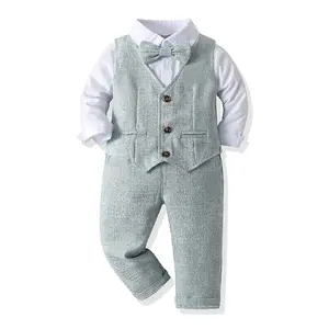 Kids Boys Gentleman Suit Boy Long Sleeve Bowtie Lapel White Shirts Tops+Elastic Waist Trousers Pants+Vest Waistcoat 3pcs Children Casual Formal Clothes Boys Dress Suit Tuxedo Set Wedding Birthday Children's Day Easter Valentine