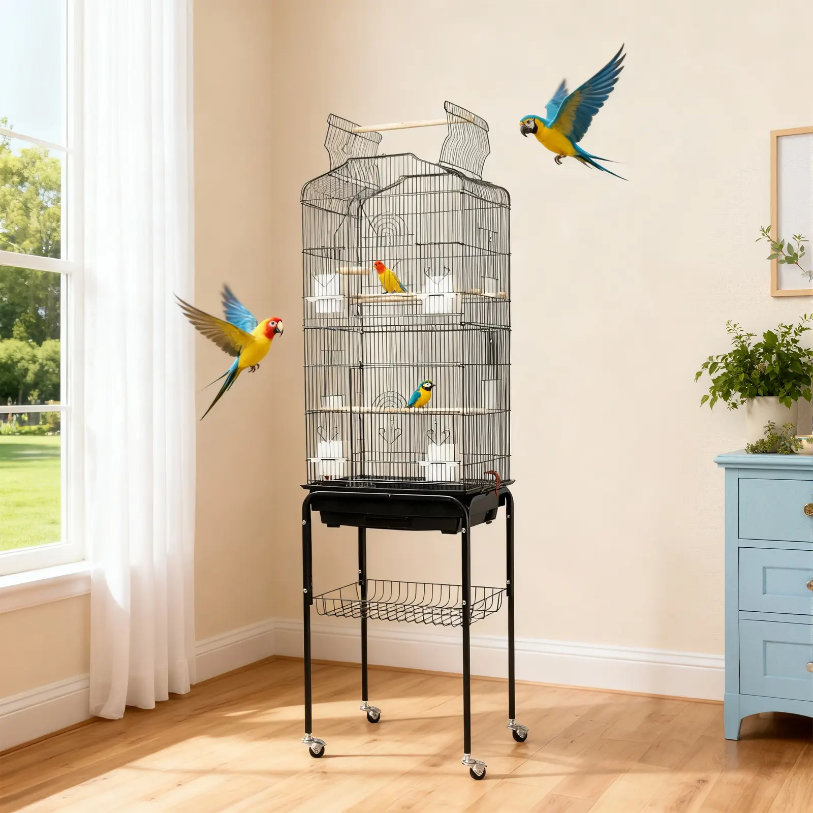 Spacious 64" Wrought Iron Bird Cage - Secure Flight Enclosure for Parrots, Cockatiels, Budgies - Open Play Top, Detachable Rolling Stand, Storage Shelf, Easy-Clean Tray