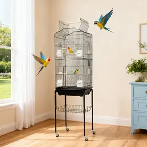 Spacious 64" Wrought Iron Bird Cage - Secure Flight Enclosure for Parrots, Cockatiels, Budgies - Open Play Top, Detachable Rolling Stand, Storage Shelf, Easy-Clean Tray