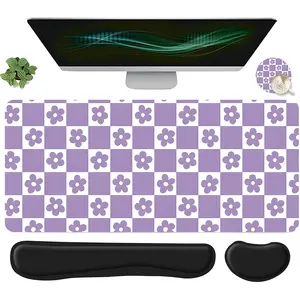 4pcs Boho Purple Lavender Checkerboard Flower Design Mouse Pad, Keyboard Wrist Rest, Coaster Set, Premium Multipurpose Mousepad For Desktop Decoration, Office Accessories, Ergonomic Wrist Support, Suitable For Home Office Gaming