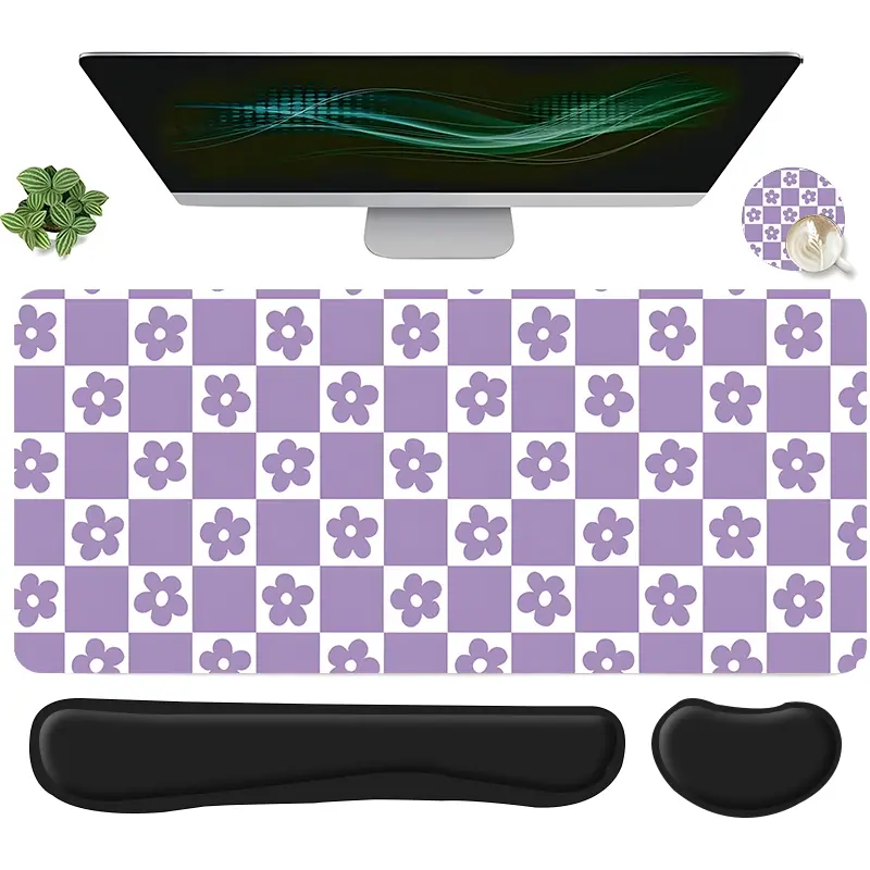 4pcs Boho Purple Lavender Checkerboard Flower Design Mouse Pad, Keyboard Wrist Rest, Coaster Set, Premium Multipurpose Mousepad For Desktop Decoration, Office Accessories, Ergonomic Wrist Support, Suitable For Home Office Gaming