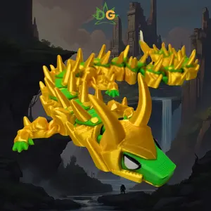 Golden Armored Dragon Flexi, Articulated Fantasy Art, Mythical Beast Decor, Green God Dragon Collectible