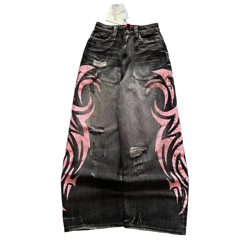 Men's & Women's Vintage Washed Wide-Leg Oversized Jeans with Tribal Embroidery - Distressed Loose Fit Y2K Aesthetic Pants, Mid-Rise Casual Wear Suitable for All-Season, Unisex Waist Harajuku Hip-hop Pants