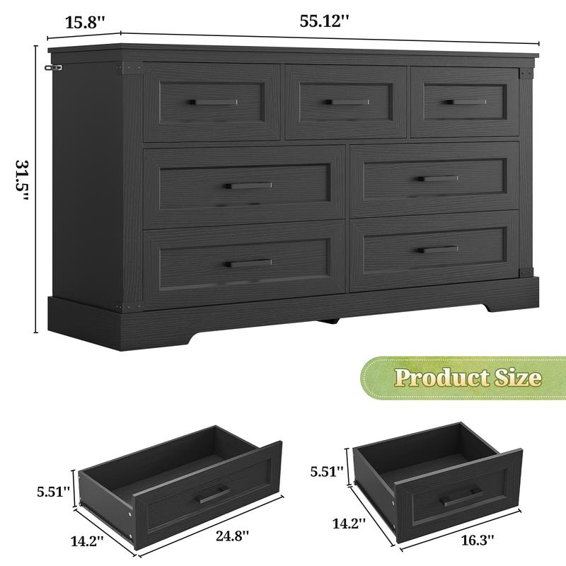 Hasuit Black Dresser for Bedroom, Wooden 55.1" Long Dressers Chest of Drawer, Farmhouse 7 Drawer Dresser with Thick Styling, Large Capacity Storage Cabinet Organizer, Wide Dressers for Bedroom Hallway