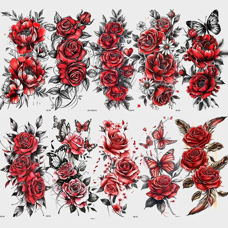 10 Piece Sexy Colorful Flower Rose Temporary Tattoos, Aesthetic Tattoo Merch, Women Body Art Fake Tattoo Stickers, Waterproof Butterfly, Party Decorations, Temporary Tattoo Kit