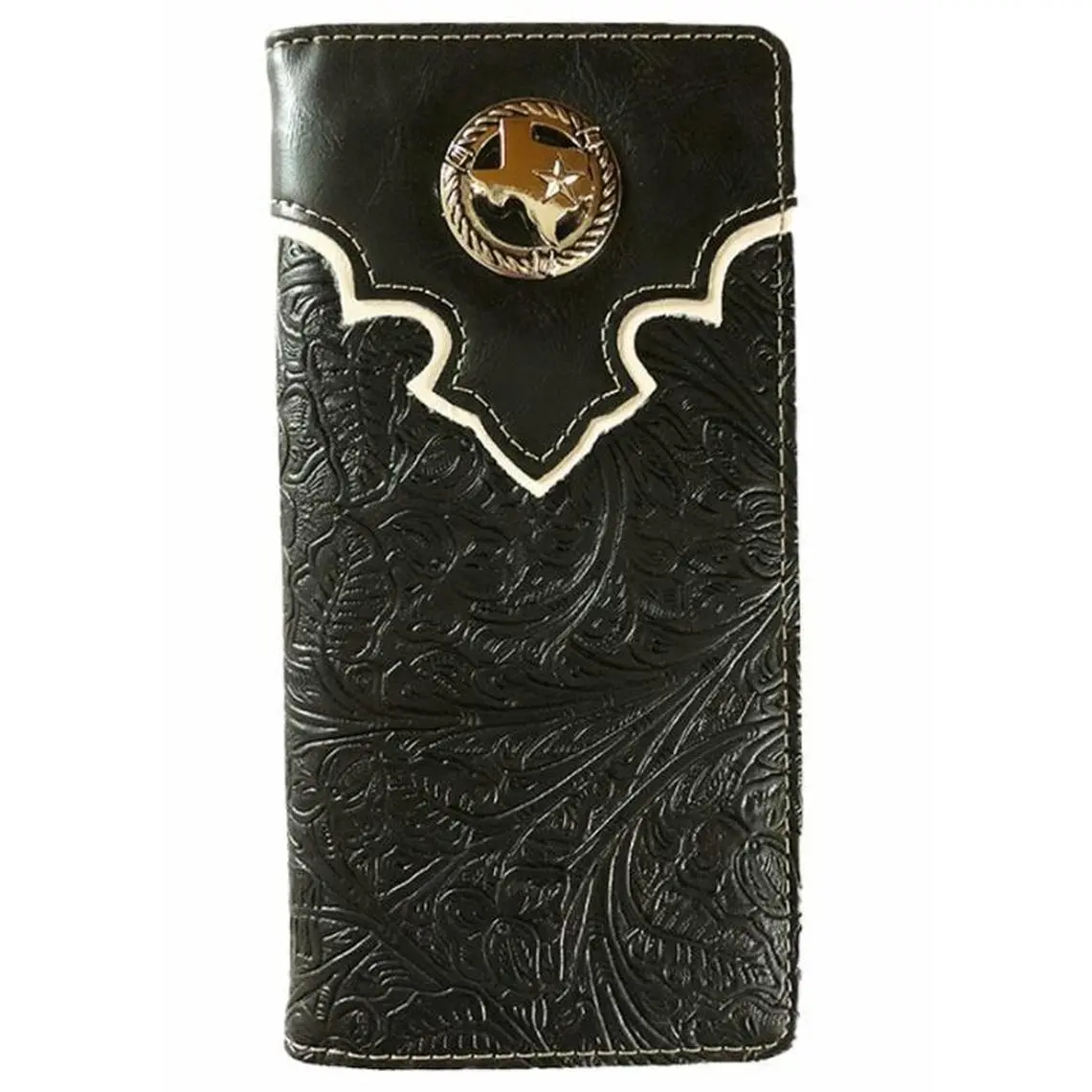 Men’s Western Bifold Wallet Black Leather Checkbook Style with Texas State Design