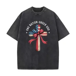 One Nation Under God Cross Tee ️ Washed Patriotic Christian Streetwear Faith-Based Coquette Cross Graphic Top 4th of July Casual Oversized Tee