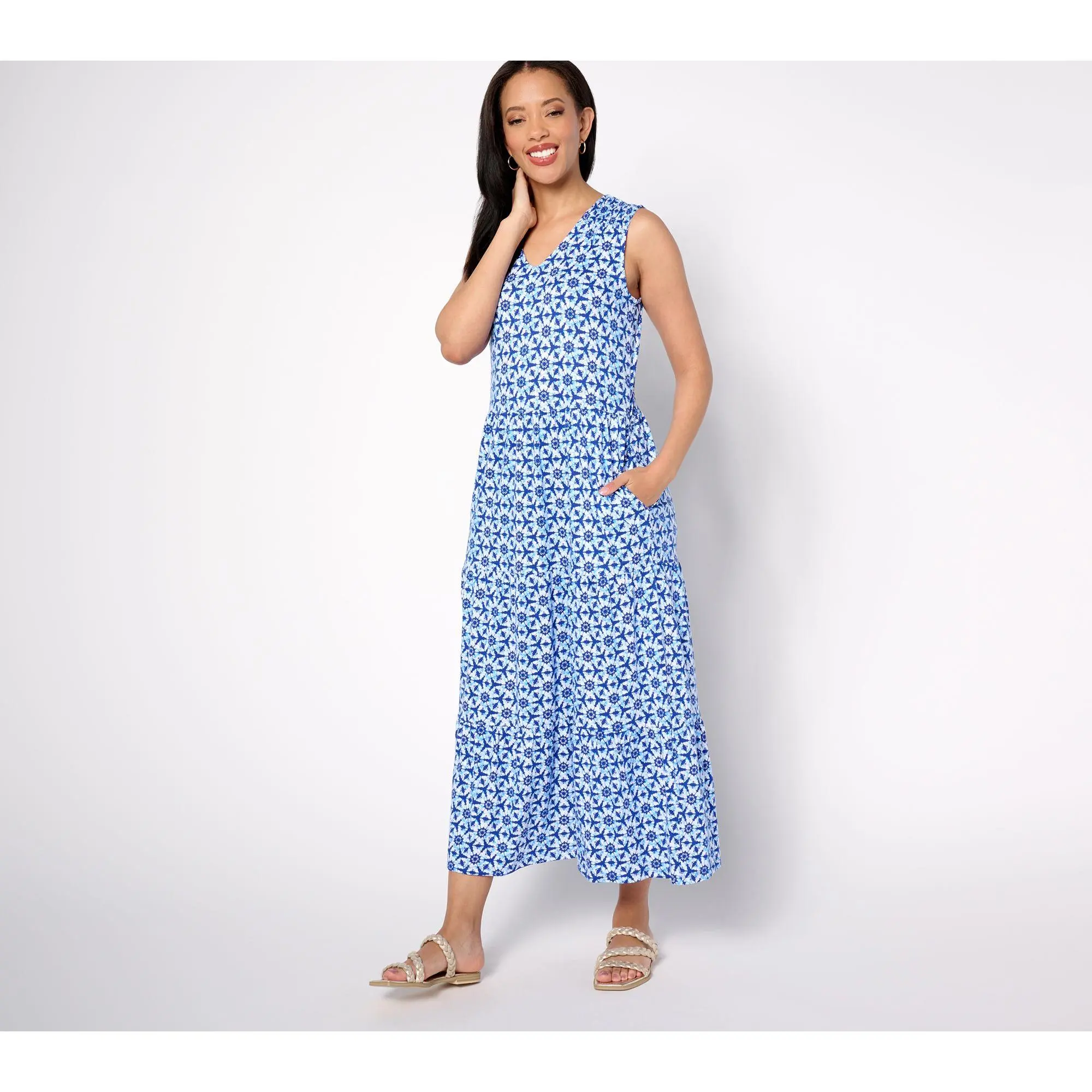 Denim & Co. Regular Printed Linen Blend V-Neck Tiered Midi Dress