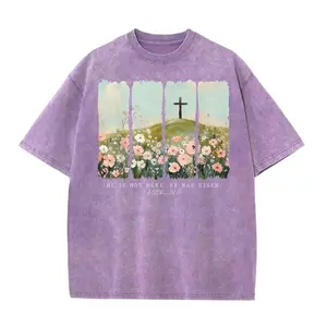 Vintage Acid Wash Christian Tee | HE IS RISEN! Matthew 28:6 | Floral Cross & Scripture Graphic | 3 Colors (Black, Blue, Purple)