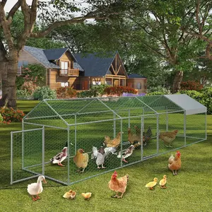 Large Metal Chicken Coop with Waterproof and Anti-UV Cover, 160" x40" x40" Chicken Run with 4 Doors, Outdoor Hen House for Yard, Walk in Poultry Cage for Rabbit Duck Goose, Silver