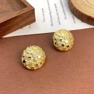 18K Gold-Plated Meteorite-Inspired Stud Earrings with Cubic Zirconia and 925 Silver Needle, Unisex Round Statement Earrings for Men & Women