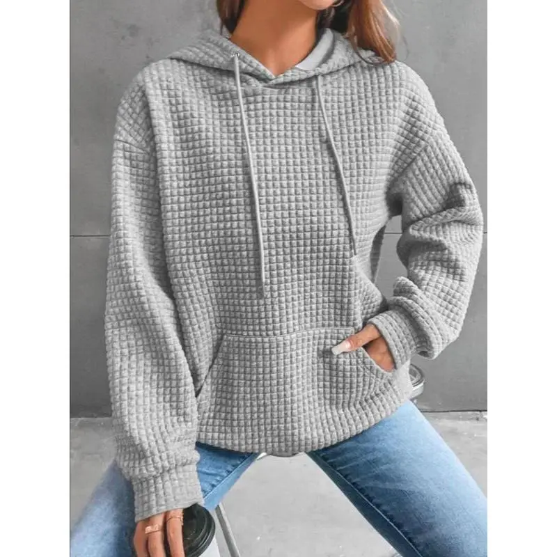 Women's Textured Drop Shoulder Hoodie, Casual Relaxed Fit Pullover with Long Sleeves and Pockets, Basic Sweatshirt for Fall, Textured Fabric, Drawstring