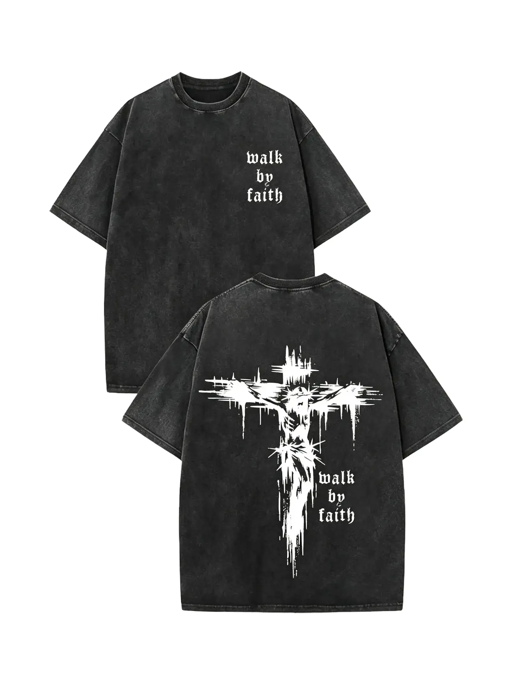 [BT] Men's Vintage Washed Black Heavyweight Oversized Grunge Crew Neck Medium Length Jesus T-Shirt - Double-Sided, Front Gothic "Walk By Faith" Chest Graphic, Back Dripping Cross Graphic, Short-Sleeve Christian Religious Menswear Top, Cold Wash Compatible
