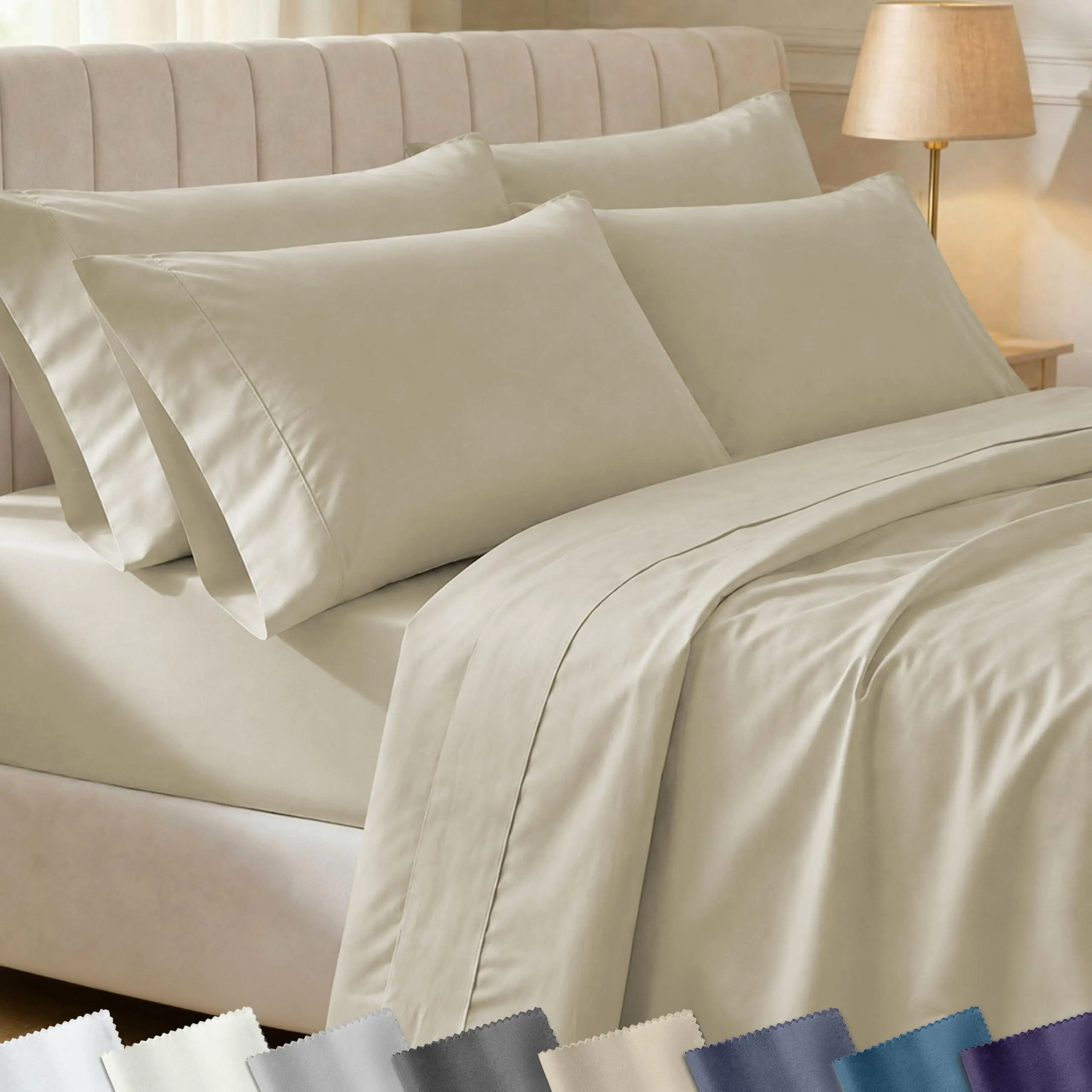 6 Piece Sheet Set with 4 Pillowcases - 400 Thread Count 100% Cotton Sateen - Deep Pocket