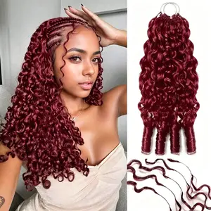 Bling Hair 99J Burmese Curly Knotless Pre-Separated Crochet Hair Extensions For Braids Feather Line 100% Human Hair Burgundy Color 18-24inch