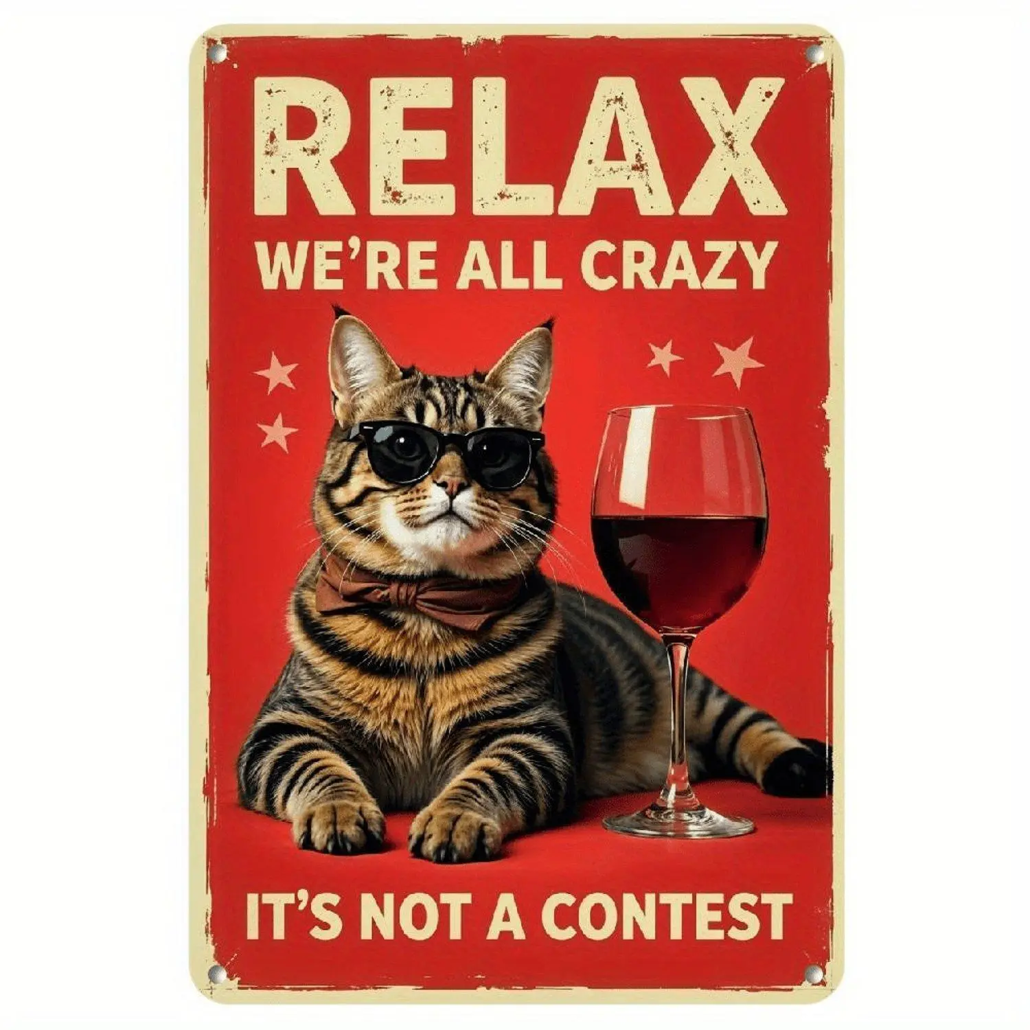 8X12 Inch Prints Metal Tin Art "Relax We'Re All Crazy It'S Not A Competition" Humorous Cat Theme Rustic Home No Electricity Quirky for Living Room Bedroom Cat Lover Space Funny Design Decorative Wall Art