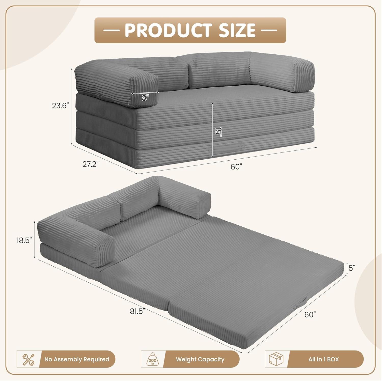 Winzoo 5-in-1 Convertible Sofa Bed,Boneless Couch Tri Folding Floor Mattress with Removable L-Shaped Armrests & Handle,Corduroy Futon Couch Sleeper with Pull Out Bed for Living Room Bedroom Apartment