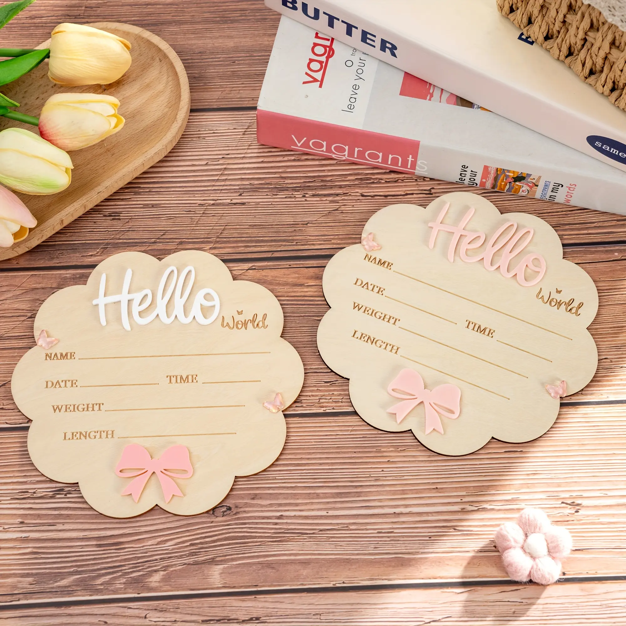 Wooden Hello World Birth Announcement Sign, Floral Shape Baby Shower Decor, Perfect Photo Prop Gift, Cute Baptism Present, Wooden Home Decorative Sign, Signage