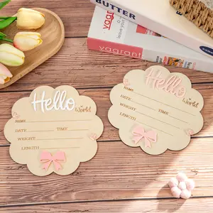 Wooden Hello World Birth Announcement Sign, Floral Shape Baby Shower Decor, Perfect Photo Prop Gift, Cute Baptism Present, Wooden Home Sign