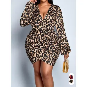 Plus-size Christmas leopard-print women’s dress, elegant slim-fit high-waisted long-sleeve mini dress, autumn and winter fashion, plus-size V-neck cocktail party dress, formal elegant dress GARMENTARY