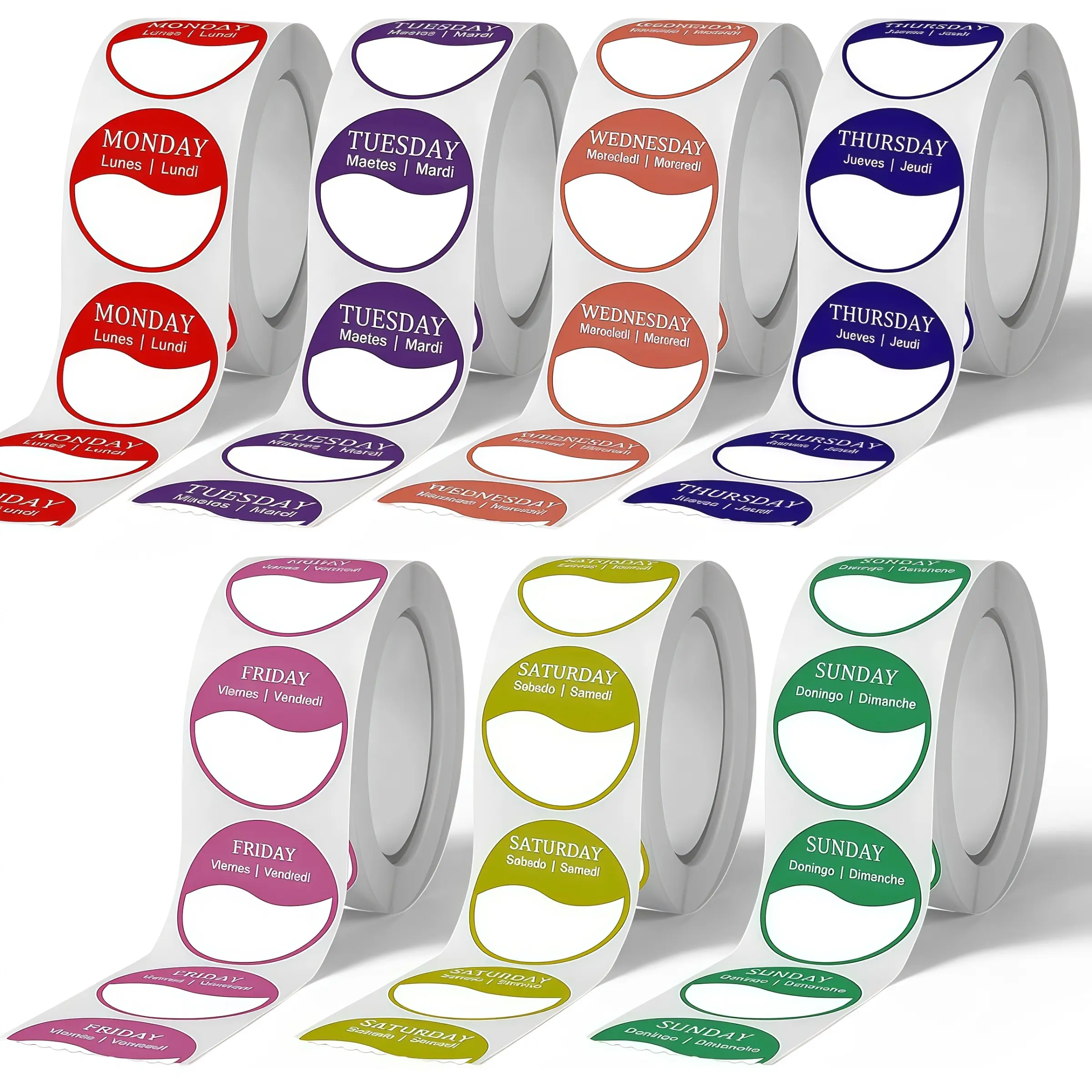 7 Rolls Multilingual Week Labels, Self-Adhesive Monday to Sunday Color-Coded Stickers, Removable Date Tags for Food Containers, Inventory, Organization