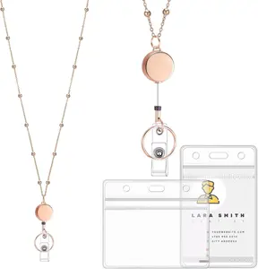 Rose  Lanyards for Id Badges Stainless Steel Badge Lanyard with 2 count  Id Holder Retractable Badge Lanyards Teacher Lanyard for Cruise Ship Key Cards Badges