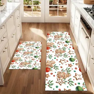Christmas New Year Printed Kitchen Rugs Set, Gingerbread Holly Berry Pattern, Farmhouse Style, Dining Room Floor Mats, Laundry Room Decor, Decorative Rug Mat