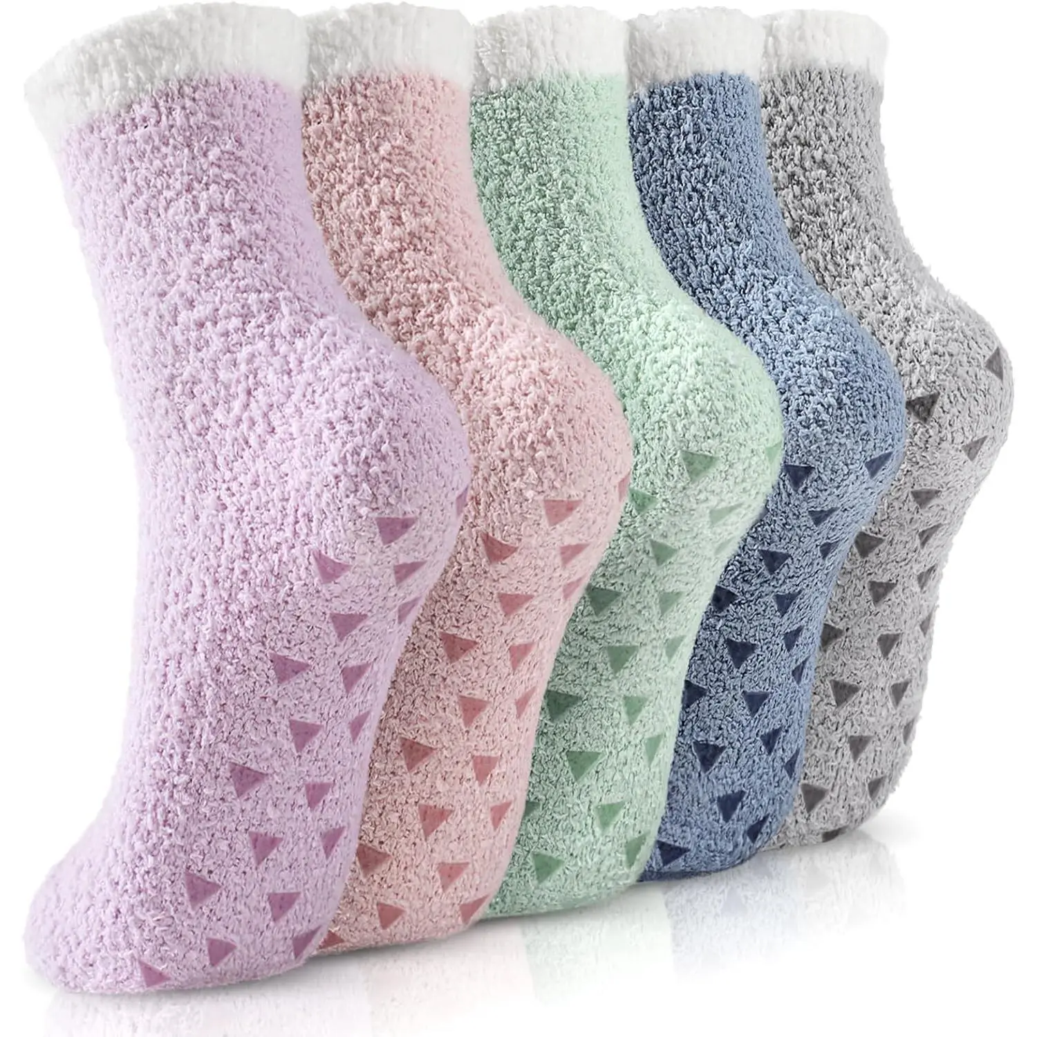 Women's Fuzzy Slipper Socks, 5-Pair Pack of Fluffy Polyester with Non-Slip Grips, Soft Coral Velvet Lining, Cozy Warm Gift for Daughter