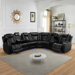 Luxury Black Leather Sofa with Recliners and LED Lighting for Modern Living Room Comfort Stripe Set Brown Reclining