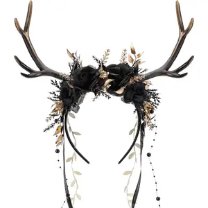 HY-HDW129 Flower Reindeer Headband for Women - Floral Antler Headpiece Woodland Deer Horns Hairband for Renaissance Cosplay