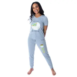 Star Wars Women's The Mandalorian Baby Yoda Wake Up Face Shirt and Jogger Pants 2 Piece Loungewear Pajama Set