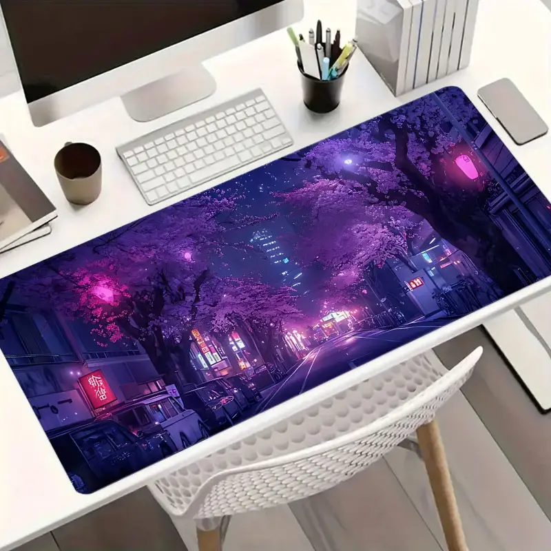 1pc Neon Cherry Blossom Night City Large Gaming Mouse Pad, Cyberpunk Japanese Street Extended Desk Mat, Non-Slip Stitched Edge Computer Mat, Rubber Base Keyboard Pad for Home Office & Gamer, Durable Spill-Resistant Ideal Gift Desk Accessory