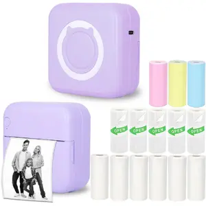 Mini Thermal Inkless Sticker Printer with 14 Rolls Paper, Compatible with iPhone/Android Phone/Tablet, Mini Pocket Printer for Photos/Stickers/Labels/Notes, Purple
