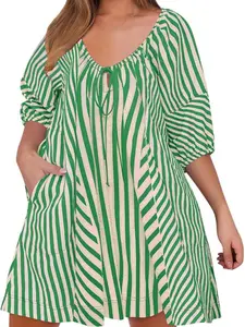 Blue Striped Bubble Sleeves Square Neck Belted Romper Shorts with Pockets, Loose Fit Casual Vacation Style Sleepwear